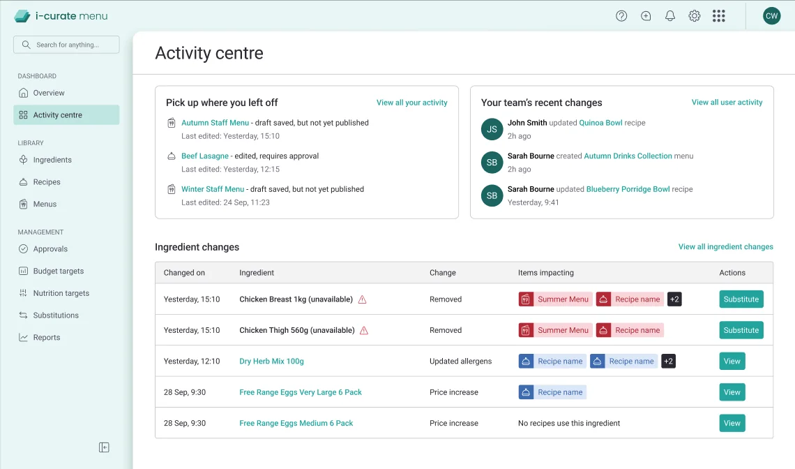 i-curate menu and recipe activity centre