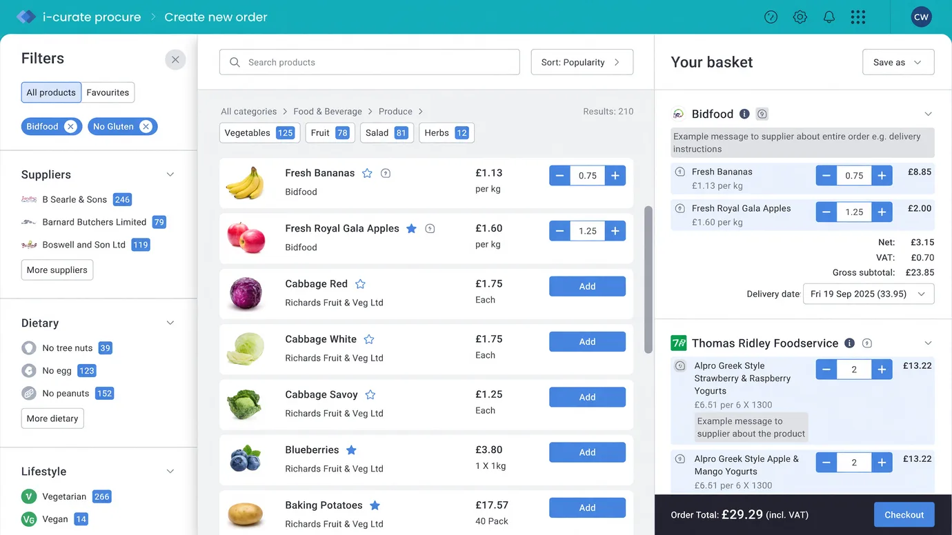 i-curate product ordering screen showing suppliers, products and a combined basket