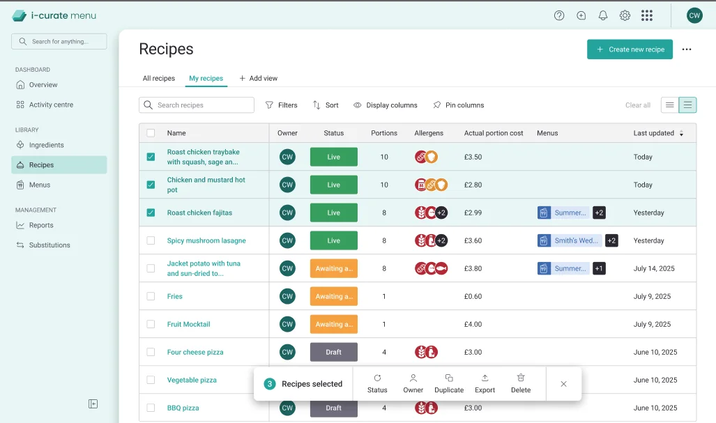 i-curate recipe costing and allergen screen