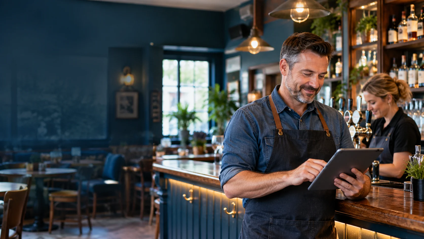 Pub operator using a tablet behind the bar