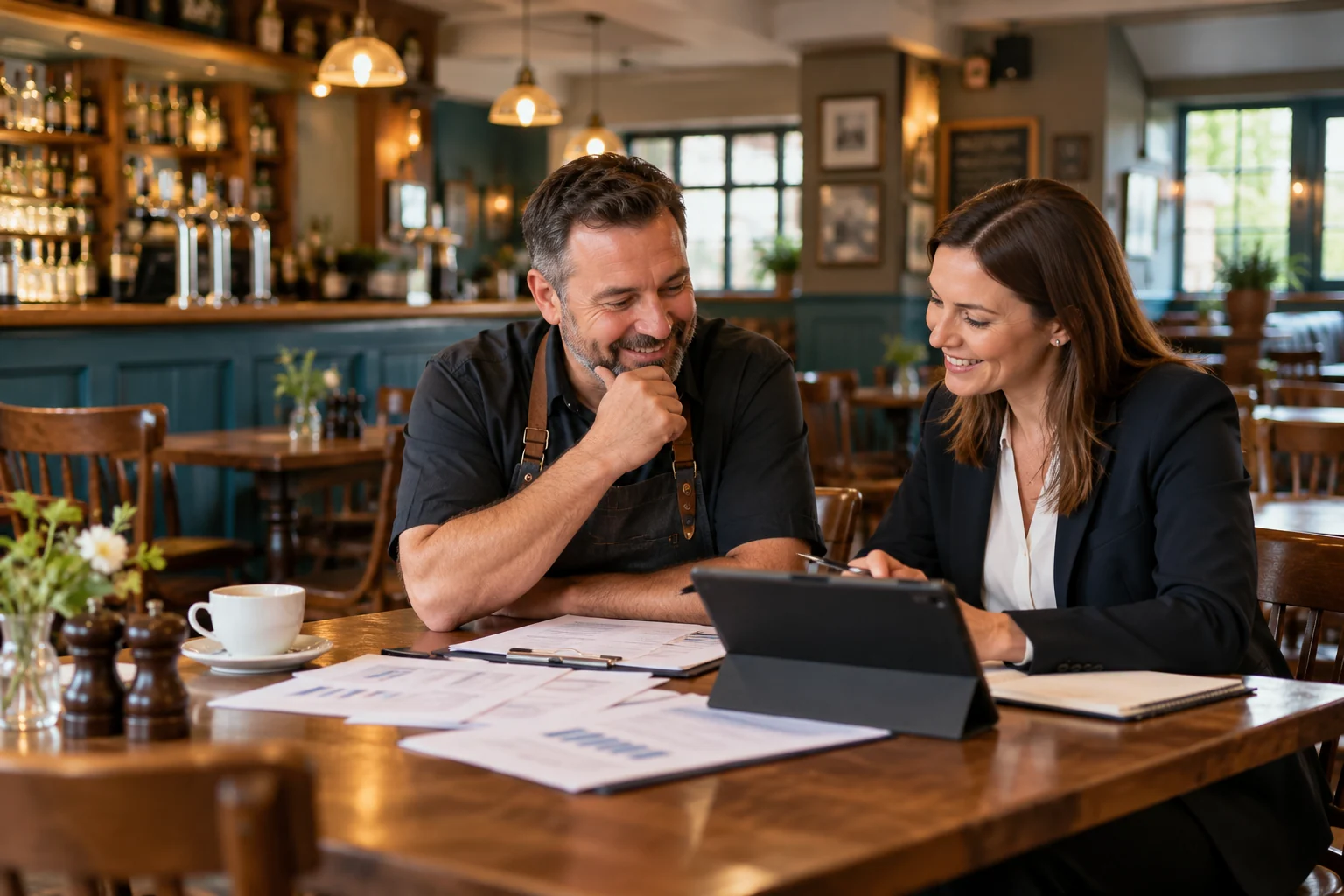 Pub operator reviewing buying information with an i-curate team member